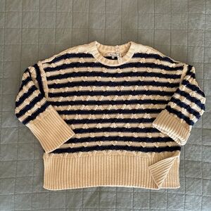 Madewell Cable Knit Antique Cream and Navy Striped Sweater